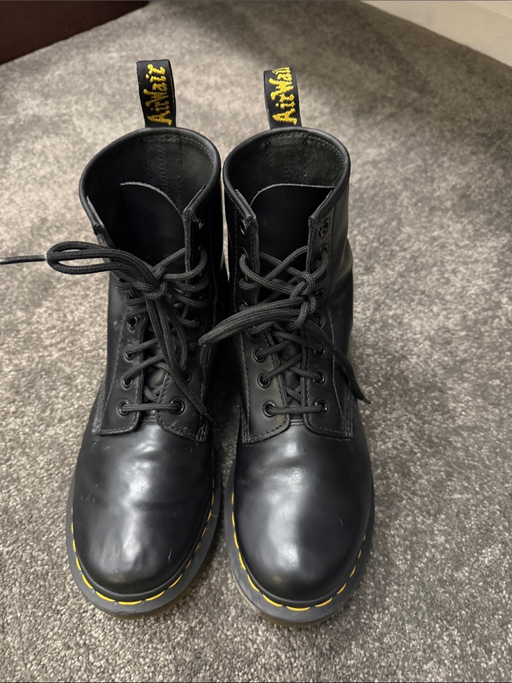 Dr. Martens Black Leather 8-Eye Lace-Up Boots with Yellow Stitching